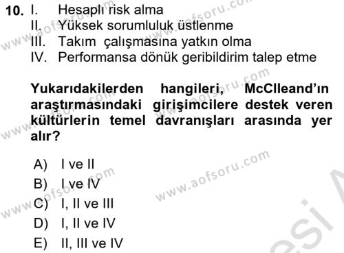 Girişimcilik ve İş Kurma Dersi 2023 - 2024 Yılı Yaz Okulu Sınavı 10. Soru