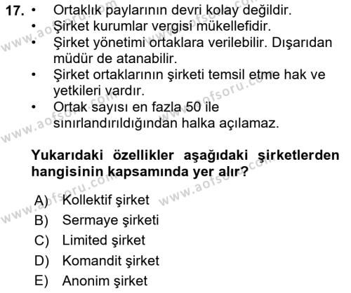 Girişimcilik ve İş Kurma Dersi 2023 - 2024 Yılı Yaz Okulu Sınavı 17. Soru