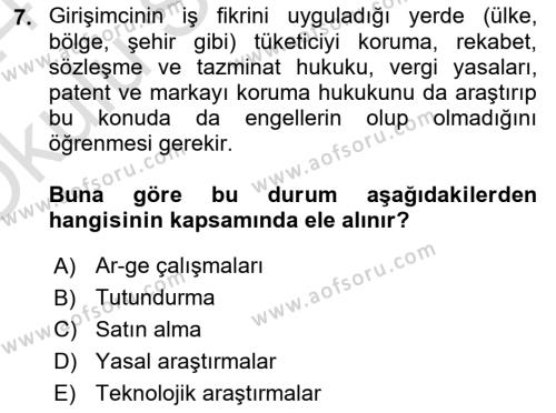 Girişimcilik ve İş Kurma Dersi 2023 - 2024 Yılı Yaz Okulu Sınavı 7. Soru