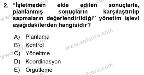 İşletme Yönetimi Dersi 2022 - 2023 Yılı (Vize) Ara Sınavı 2. Soru