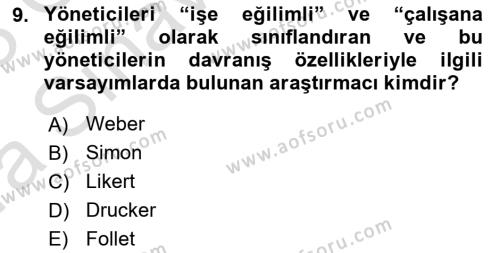 İşletme Yönetimi Dersi 2022 - 2023 Yılı (Vize) Ara Sınavı 9. Soru