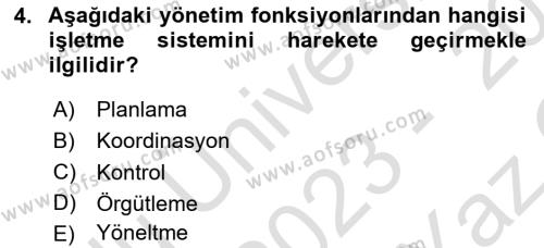 İşletme Yönetimi Dersi 2023 - 2024 Yılı Yaz Okulu Sınavı 4. Soru