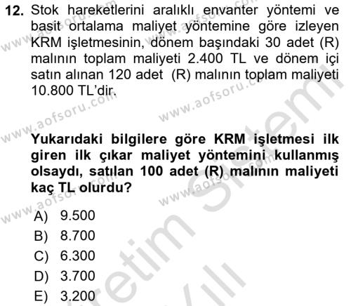 Dönemsonu İşlemleri Dersi 2021 - 2022 Yılı Yaz Okulu Sınavı 12. Soru