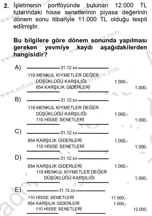 Dönemsonu İşlemleri Dersi 2021 - 2022 Yılı Yaz Okulu Sınavı 2. Soru