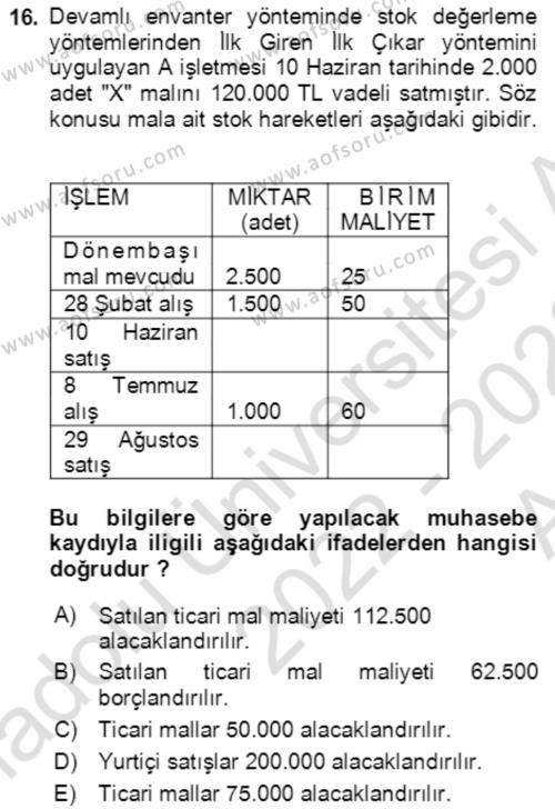 Dönemsonu İşlemleri Dersi 2022 - 2023 Yılı (Vize) Ara Sınavı 16. Soru