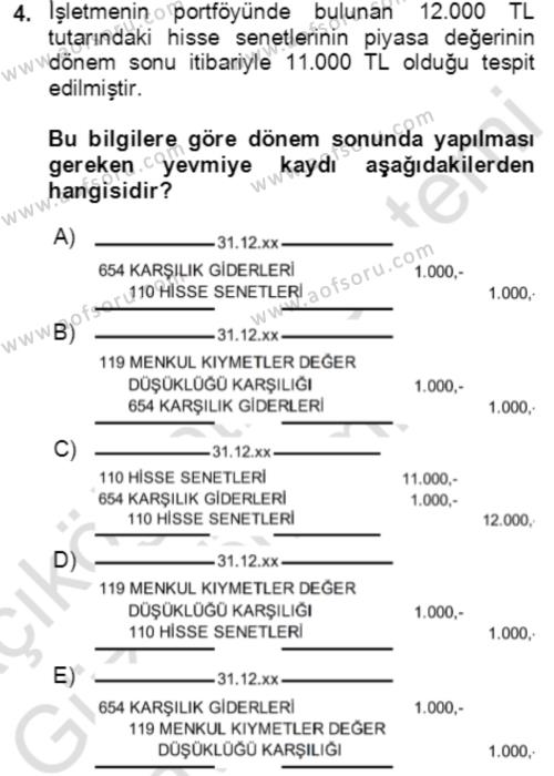 Dönemsonu İşlemleri Dersi 2022 - 2023 Yılı (Vize) Ara Sınavı 4. Soru