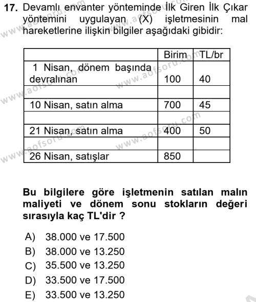 Dönemsonu İşlemleri Dersi 2022 - 2023 Yılı (Final) Dönem Sonu Sınavı 17. Soru