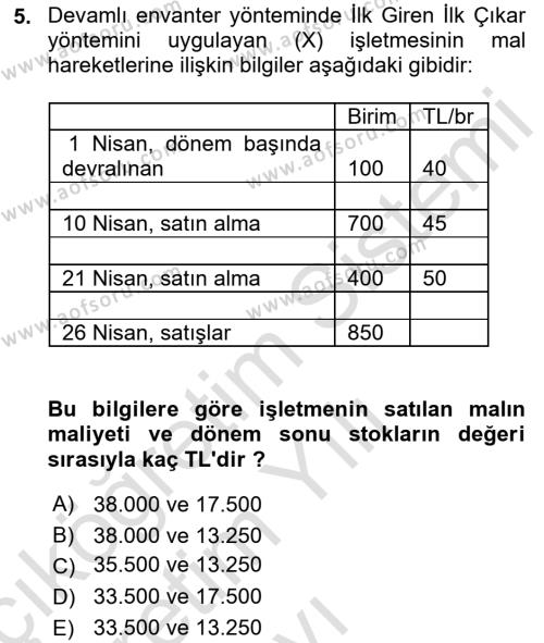 Dönemsonu İşlemleri Dersi 2022 - 2023 Yılı Yaz Okulu Sınavı 5. Soru