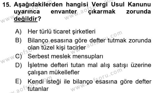 Dönemsonu İşlemleri Dersi 2023 - 2024 Yılı (Vize) Ara Sınavı 15. Soru