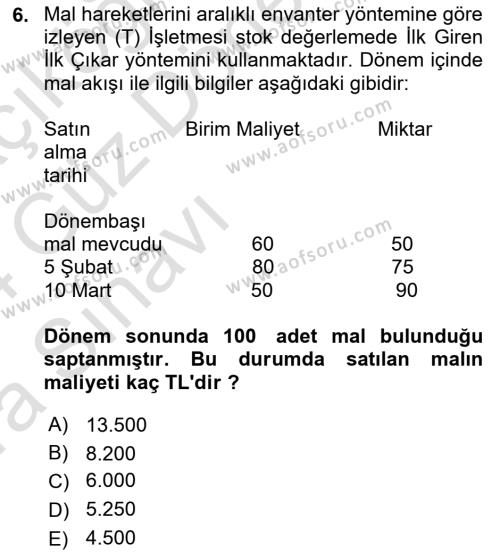 Dönemsonu İşlemleri Dersi 2023 - 2024 Yılı (Vize) Ara Sınavı 6. Soru