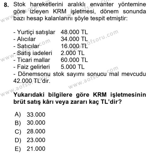 Dönemsonu İşlemleri Dersi 2023 - 2024 Yılı (Vize) Ara Sınavı 8. Soru