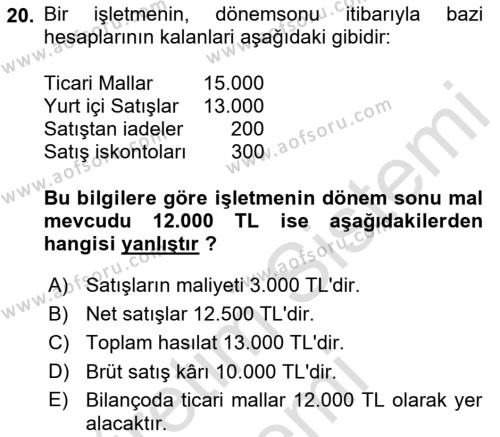 Dönemsonu İşlemleri Dersi 2023 - 2024 Yılı (Final) Dönem Sonu Sınavı 20. Soru