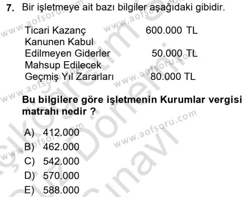 Dönemsonu İşlemleri Dersi 2023 - 2024 Yılı (Final) Dönem Sonu Sınavı 7. Soru