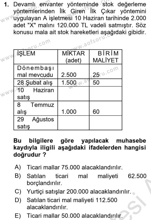 Dönemsonu İşlemleri Dersi 2023 - 2024 Yılı Yaz Okulu Sınavı 1. Soru