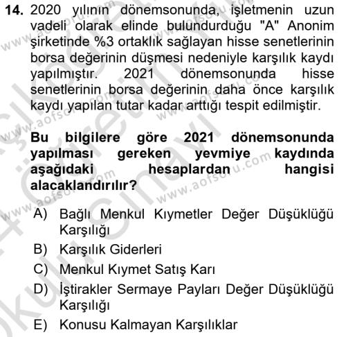 Dönemsonu İşlemleri Dersi 2023 - 2024 Yılı Yaz Okulu Sınavı 14. Soru