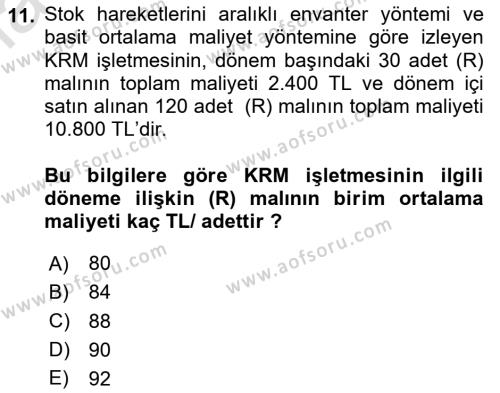 Dönemsonu İşlemleri Dersi 2024 - 2025 Yılı (Vize) Ara Sınavı 11. Soru