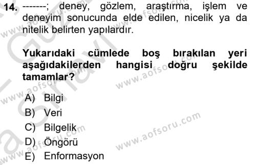 İşletme Bilgi Sistemleri Dersi 2021 - 2022 Yılı (Vize) Ara Sınavı 14. Soru