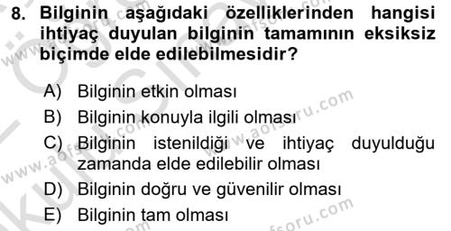 İşletme Bilgi Sistemleri Dersi 2021 - 2022 Yılı Yaz Okulu Sınavı 8. Soru