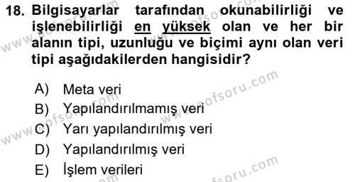 İşletme Bilgi Sistemleri Dersi 2024 - 2025 Yılı (Vize) Ara Sınavı 18. Soru