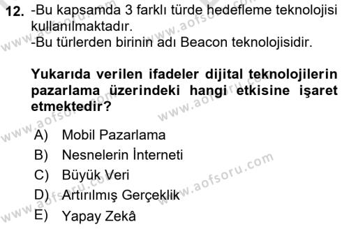 Pazarlamaya Giriş Dersi 2021 - 2022 Yılı (Vize) Ara Sınavı 12. Soru