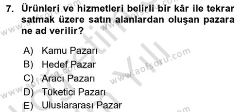 Pazarlamaya Giriş Dersi 2021 - 2022 Yılı Yaz Okulu Sınavı 7. Soru