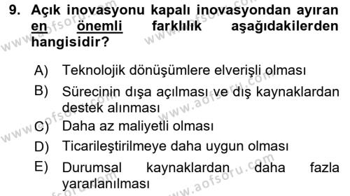 Teknoloji,İnnovasyon Ve Girişimcilik Dersi 2020 - 2021 Yılı Yaz Okulu Sınavı 9. Soru