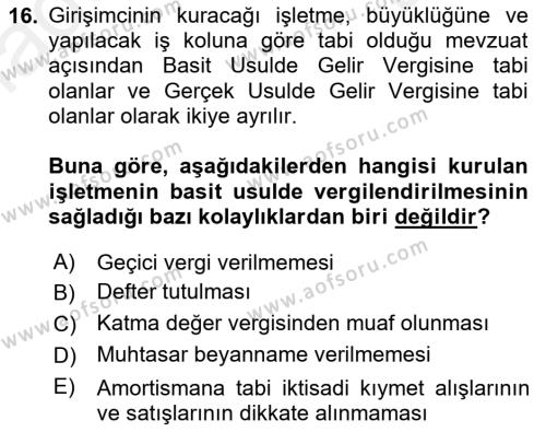 Girişimcilik ve İş Kurma Dersi 2018 - 2019 Yılı (Final) Dönem Sonu Sınavı 16. Soru