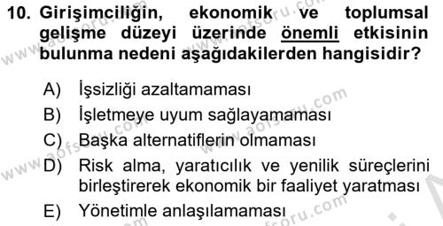 Girişimcilik ve İş Kurma Dersi 2019 - 2020 Yılı (Vize) Ara Sınavı 10. Soru