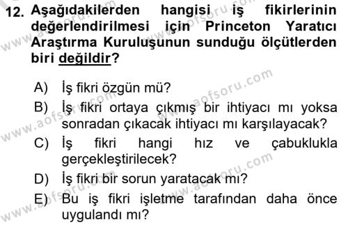 Girişimcilik ve İş Kurma Dersi 2019 - 2020 Yılı (Vize) Ara Sınavı 12. Soru