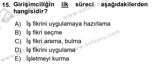 Girişimcilik ve İş Kurma Dersi 2019 - 2020 Yılı (Vize) Ara Sınavı 15. Soru