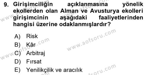 Girişimcilik ve İş Kurma Dersi 2019 - 2020 Yılı (Vize) Ara Sınavı 9. Soru