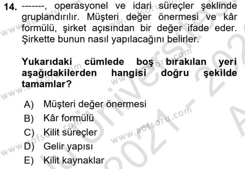 Girişimcilik ve İş Kurma Dersi 2021 - 2022 Yılı (Vize) Ara Sınavı 14. Soru