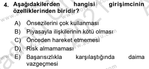 Girişimcilik ve İş Kurma Dersi 2021 - 2022 Yılı (Vize) Ara Sınavı 4. Soru