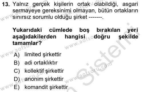 Girişimcilik ve İş Kurma Dersi 2021 - 2022 Yılı (Final) Dönem Sonu Sınavı 13. Soru