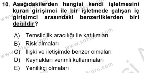 Girişimcilik ve İş Kurma Dersi 2022 - 2023 Yılı (Vize) Ara Sınavı 10. Soru