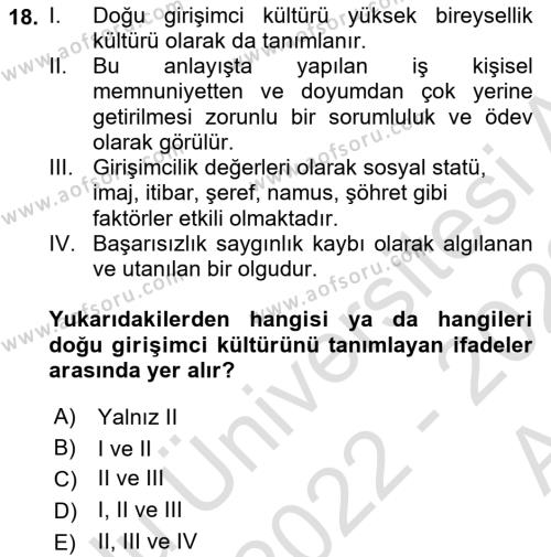 Girişimcilik ve İş Kurma Dersi 2022 - 2023 Yılı (Vize) Ara Sınavı 18. Soru