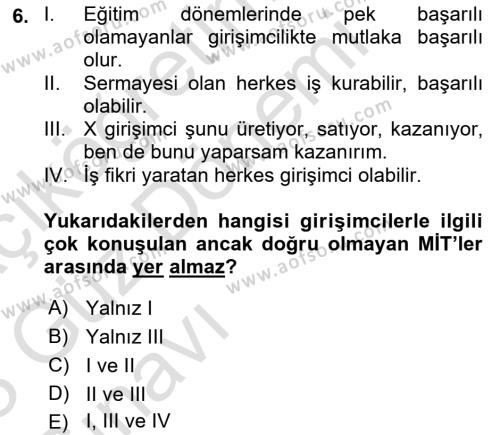 Girişimcilik ve İş Kurma Dersi 2022 - 2023 Yılı (Vize) Ara Sınavı 6. Soru