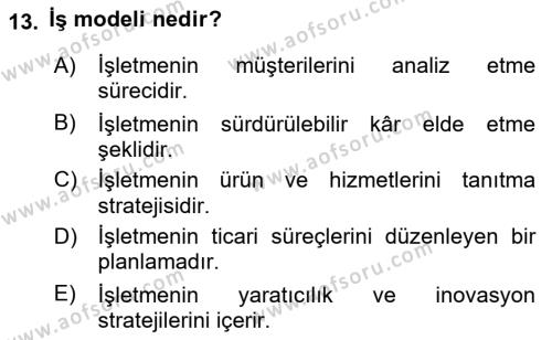 Girişimcilik ve İş Kurma Dersi 2023 - 2024 Yılı (Vize) Ara Sınavı 13. Soru