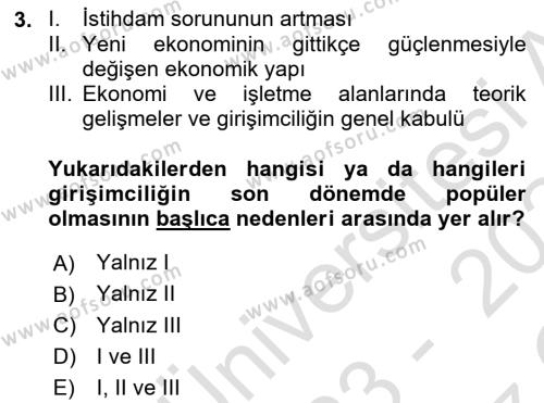 Girişimcilik ve İş Kurma Dersi 2023 - 2024 Yılı Yaz Okulu Sınavı 3. Soru