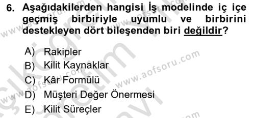 Girişimcilik ve İş Kurma Dersi 2023 - 2024 Yılı Yaz Okulu Sınavı 6. Soru