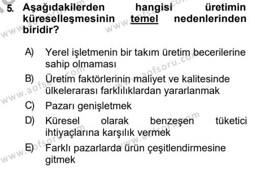 Uluslararası İşletmecilik Dersi 2018 - 2019 Yılı (Vize) Ara Sınavı 5. Soru