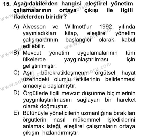 Örgüt Kuramı Dersi 2012 - 2013 Yılı (Final) Dönem Sonu Sınavı 15. Soru
