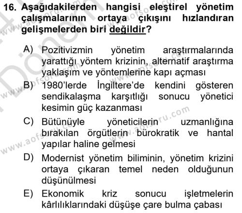 Örgüt Kuramı Dersi 2023 - 2024 Yılı (Final) Dönem Sonu Sınavı 16. Soru