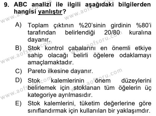 Üretim Yönetimi Dersi 2023 - 2024 Yılı Yaz Okulu Sınavı 9. Soru