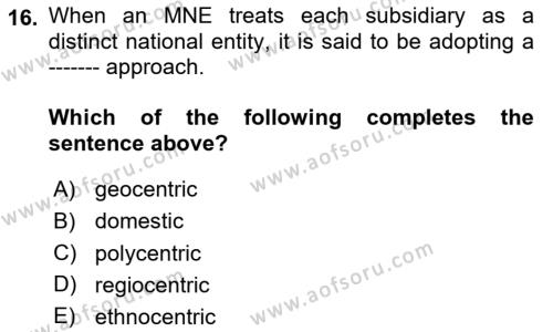 International Business Dersi 2020 - 2021 Yılı Yaz Okulu Sınavı 16. Soru