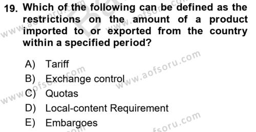 International Business Dersi 2021 - 2022 Yılı (Final) Dönem Sonu Sınavı 19. Soru