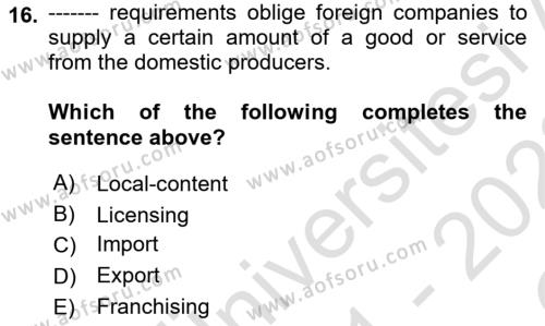 International Business Dersi 2021 - 2022 Yılı Yaz Okulu Sınavı 16. Soru