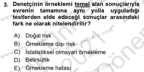 Denetim Dersi 2021 - 2022 Yılı (Final) Dönem Sonu Sınavı 3. Soru