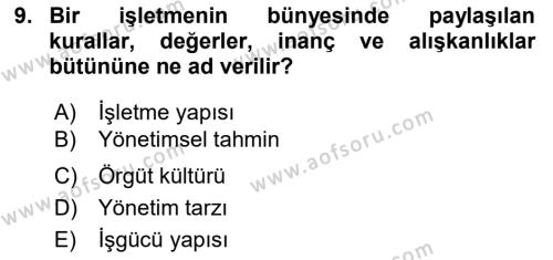 İnsan Kaynakları Yönetimi Dersi 2020 - 2021 Yılı Yaz Okulu Sınavı 9. Soru