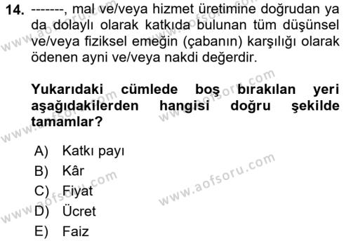 İnsan Kaynakları Yönetimi Dersi 2023 - 2024 Yılı (Final) Dönem Sonu Sınavı 14. Soru